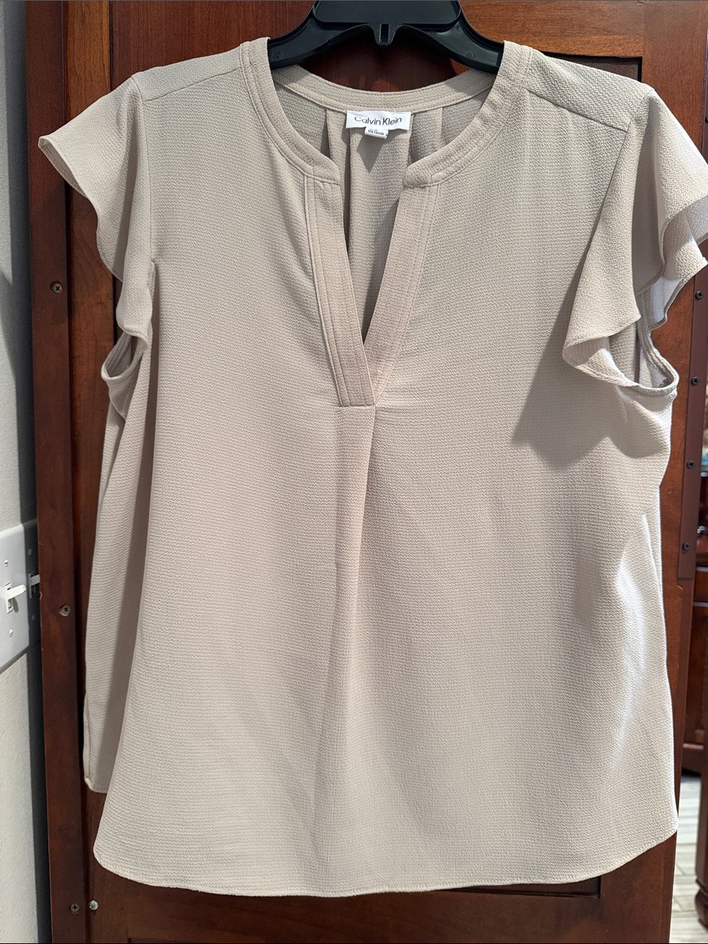 Calvin Klein Beige Flutter Sleeve Split-Neck Blouse